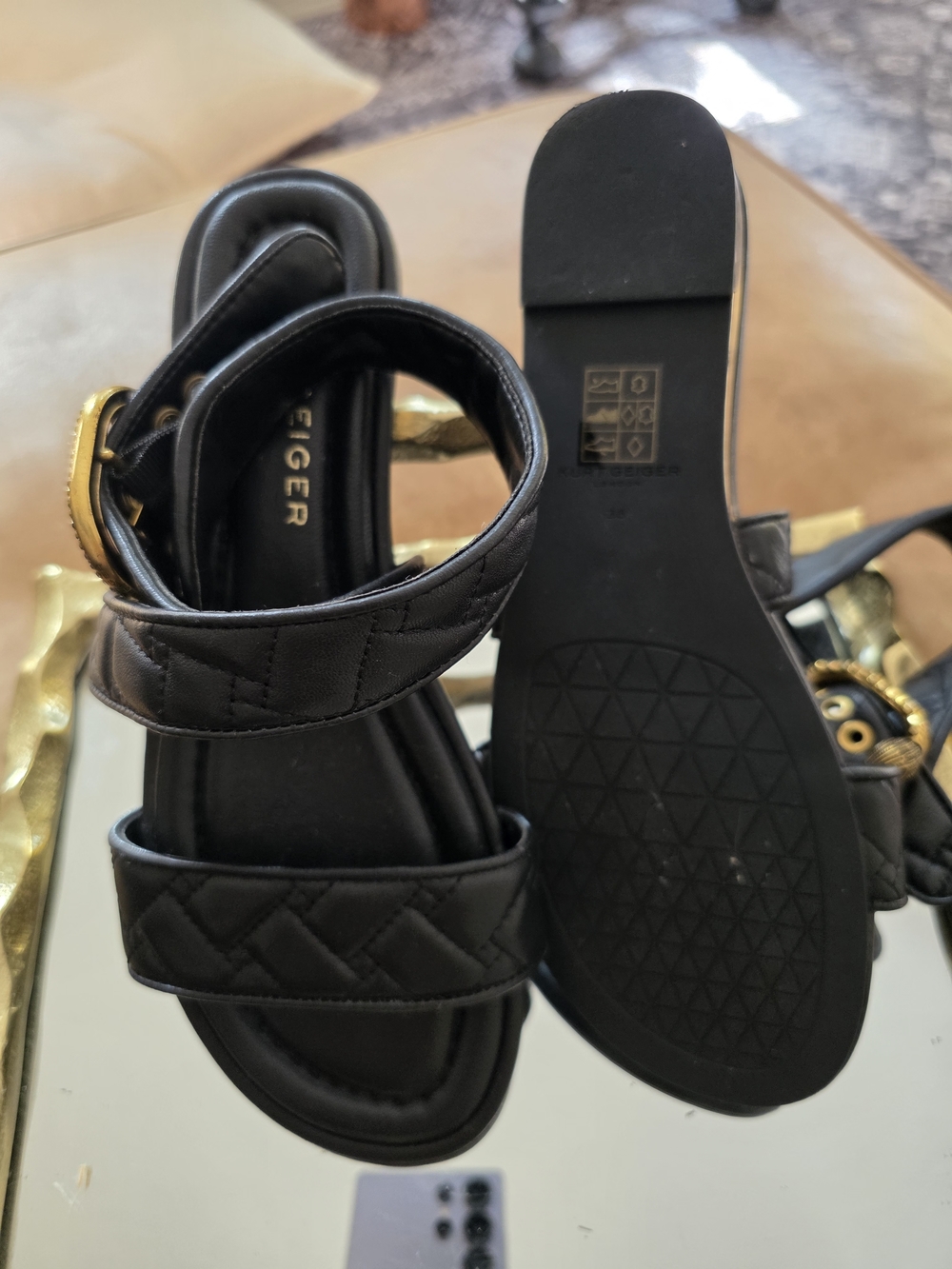 Kurt Geiger Black Quilted Strap Sandals with Gold Buckle